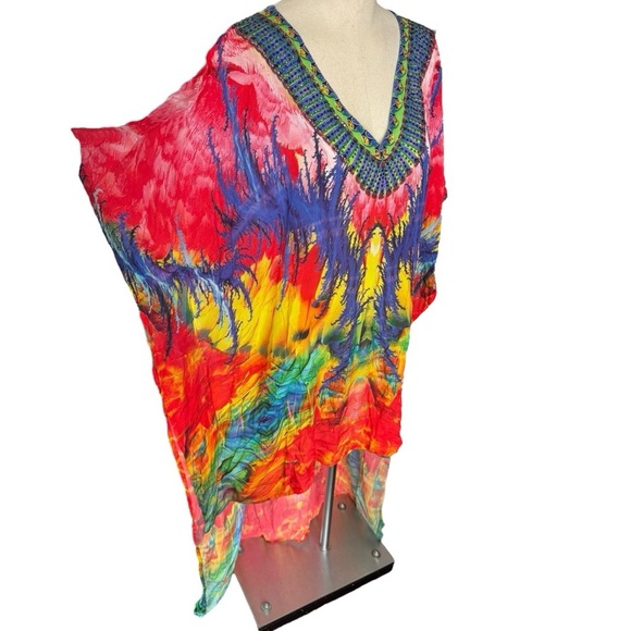 Sakkas Laisson Flowy Hi Low Caftan Rhinestone Boxy V Neck Dress Top Cover / Up - Picture 9 of 13